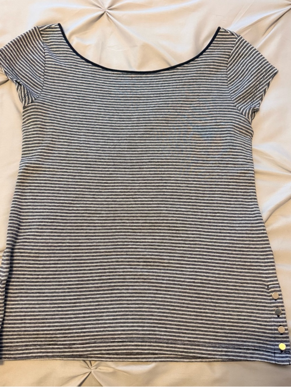 Ann Taylor Navy and White Striped Scoop-Neck Tee with button detail